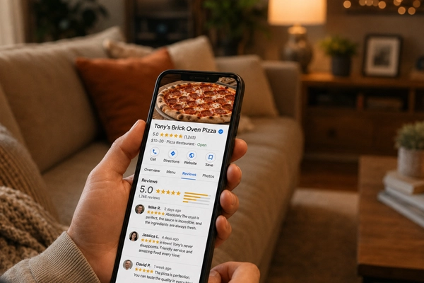 Customer leaving a Google review in a reputation strategy for Why Google reviews influence buying decisions